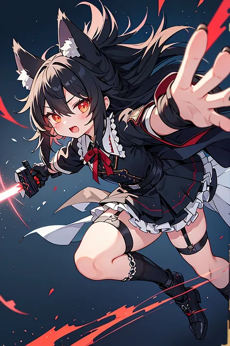 black long straight hair shota,hyper cute fenrir shota,ultra frilly miniskirt dress,holding glowing claw weapon,fenrirs claw attack,garter belt,