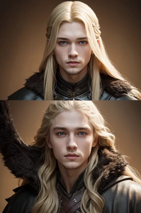 various poses of a young man with long blond hair and clothes of Game of thrones and a Russian folk mask , (detailed), perfect, face anime style