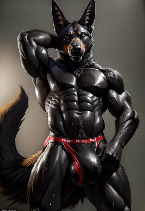 Muscular black jackal standing while posing seductively doing a photo shoot for the viewer showcasing their large veiny muscles while presenting their huge penis shaped bulge in their underwear, Masterpiece, highly detailed image, highly detailed genitalia...