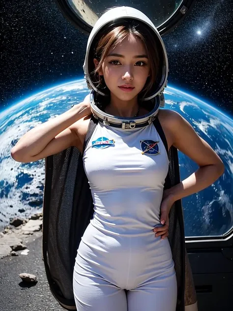 (smile)、(((Staring at the audience)))、((Wearing a space suit standing on the moon)),wear spacesuits, 白いDressed in an astronaut costume, Cute girl in a tank top, girl in space, In space, (((Dressed in an astronaut costume))), woman astronaut, ((Open stance ...