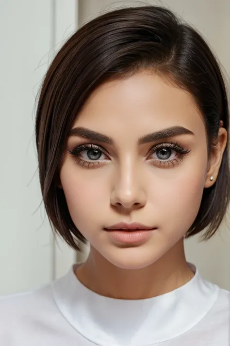 Beautiful women big eyes short nose glossy lip short hair 