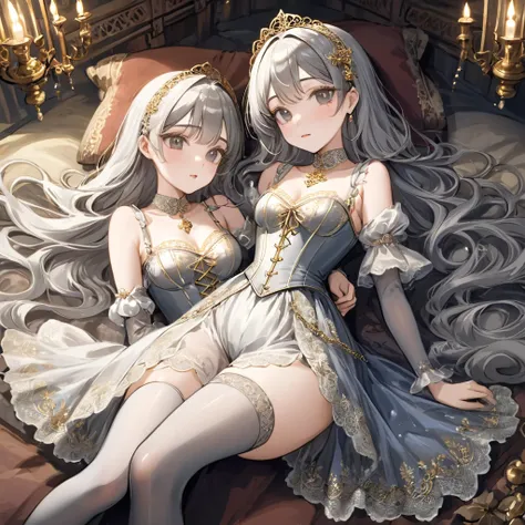 Girls in the Middle Ages、 Gold and silver embroidery、In underwear、Knee-length semi-transparent bloomers（With gold and silver lace）Wearing、Wearing a semi-transparent corset、 Grey translucent tights、Lying down、White Grey Pearl Medieval Long Dress