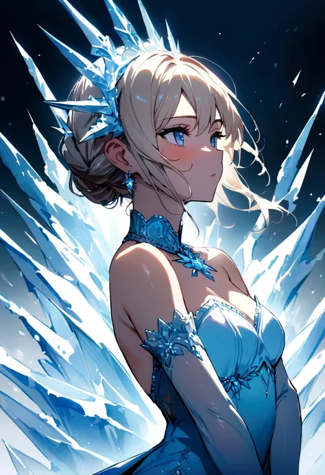 (best quality, masterpiece), 1 Girl, Upper Body, Looking at the audience, freeze, Elsa, White background