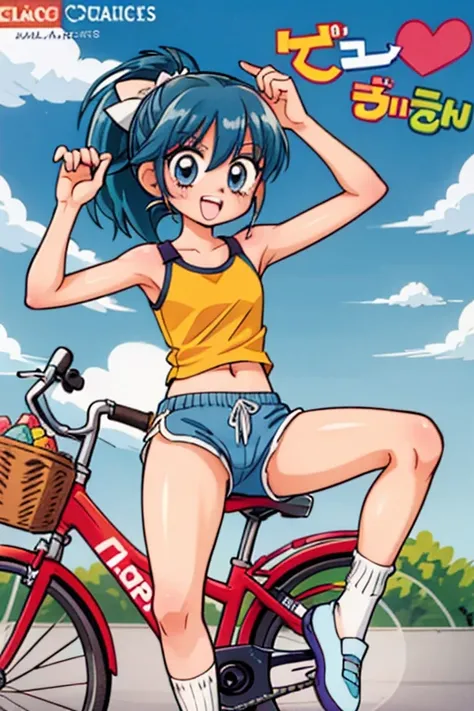 a girl is sitting on top of a bicycle, 1girl, solo, bicycle, navel, shorts, armpits, ponytail, breasts, blue hair, socks, looking at viewer, midriff, shoes, dolphin shorts, short shorts, ground vehicle, outdoors, white socks,
