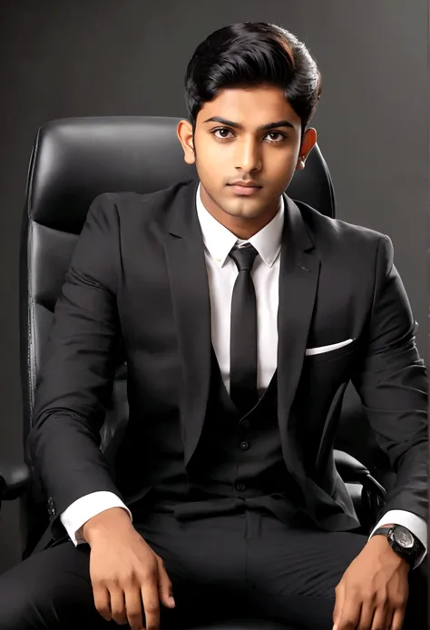 a 21 years old Indian bihari man, honey skin, short black hair, wearing black suit & pant, sitting on black office chair, image fill, best quality, 1080P, HD, 16k, super detail