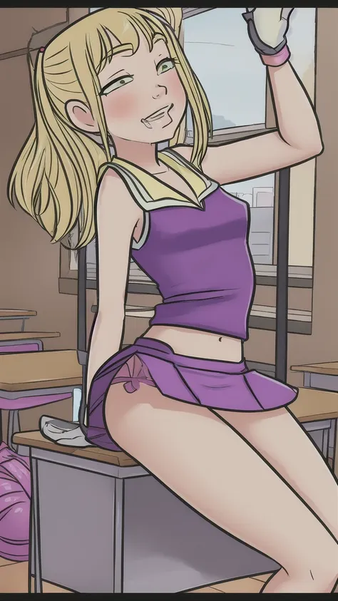 1girl, sexy 14yearold blonde cheerleader is wearing a miniskirt and is riding a dildo in her desk during class