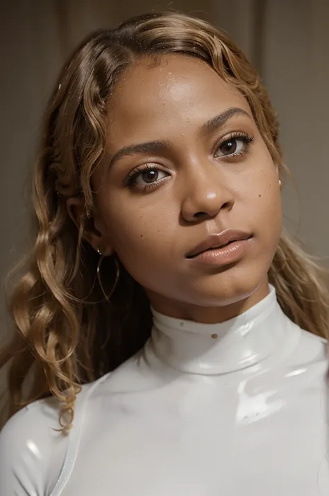 congolese girl, (very young, adolescent), (curly blond mullet, very small breasts, very skinny, nose ring), (white latex bodysuit), (close shot, face shot, intimate camera, cinematic)
