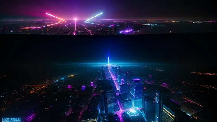 conceito:(((This is an aerial photographic masterpiece of a near-future city, portraying a cyberpunk worldview.)))。 品質:(mais alta 品質, 4K, 8K, high resolution, work of art:1.2), super verbose, (realisitic, fotorrealisitic, fotorrealisitic:1.37),  Bright col...