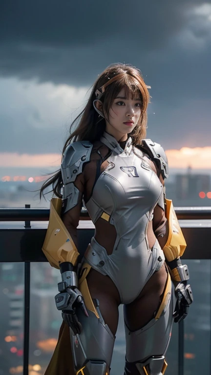 Busty women，Blunt bangs，Thighs，Brown Hair，Volumie，Wavy long hair，Woman in a mechanical bikini suit，
"A high school girl wearing a powered combat suit. She has a headband with receivers attached to her ears.. Her face is protected by goggles, Stay safe in b...