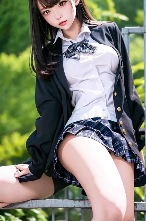 Top quality, high image, 1 woman, 18 years old, school stairs, black jacket, Medium breasts,white blouse,(plaid miniskirt), cotton panties,upskirt,from below1.3