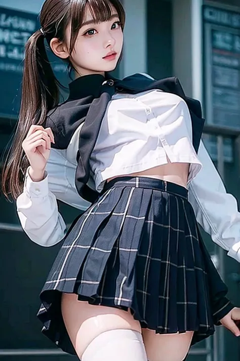 Top quality, high image, 1 woman, 18 years old, school stairs, black jacket, Medium breasts,white blouse,(plaid miniskirt), cotton panties,upskirt,from below1.3