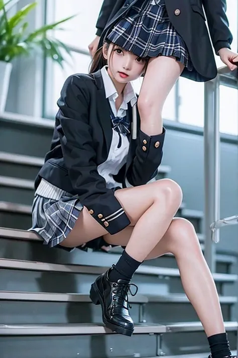 Top quality, high image, 1 woman, 18 years old, school stairs, black jacket, Medium breasts,white blouse,(plaid miniskirt), cotton panties,upskirt,from below1.3