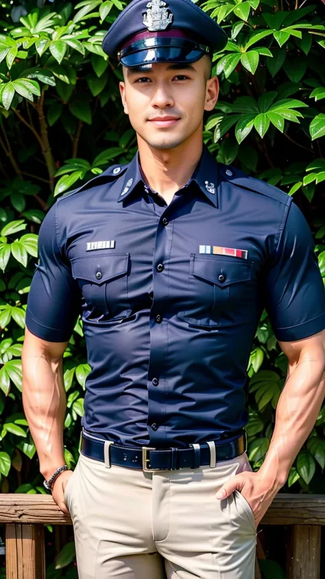 
(Create a masterpiece: 1.2),(CGI art:1.3),(realistic:1.5),(After processing:1.3),(Sharp focus:1.3),10,1 man, smile, (Wear a navy blue police shirt.),  Korean guy , korean men, (High gloss details), chest muscles, large arm muscles, blood vessel, Big muscl...