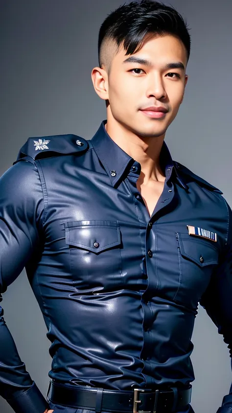 
(Create a masterpiece: 1.2),(CGI art:1.3),(realistic:1.5),(After processing:1.3),(Sharp focus:1.3),10,1 man, smile, (Wear a navy blue police shirt.),  Korean guy , korean men, (High gloss details), chest muscles, large arm muscles, blood vessel, Big muscl...