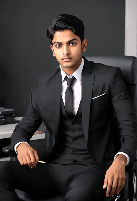 a 21 years old Indian bihari man, honey skin, short black hair, wearing black suit & pant, sitting on black office chair, image fill, best quality, 1080P, HD, 16k, super detail