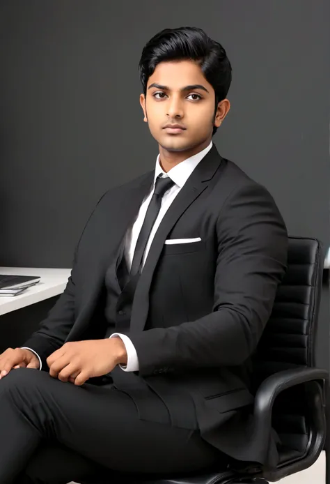 a 21 years old Indian bihari man, honey skin, short black hair, wearing black suit & pant, sitting on black office chair, image fill, best quality, 1080P, HD, 16k, super detail