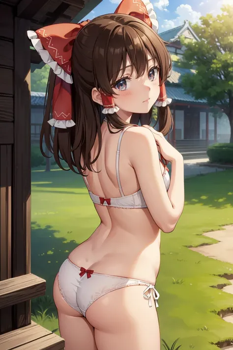 Reimu Hakurei, (Brown eyes:1.5), Brown Hair, bow, hair bow, Hair Tube, Long Hair, red bow, Side Lock,Bed、
Blake Ascot, (((Cute white bra、Cute white panties)))、sit、(((Backwards、look back)))、
BREAK Watch Viewers,blush、Surprise face、
Outdoor rest, shrine,Cowb...