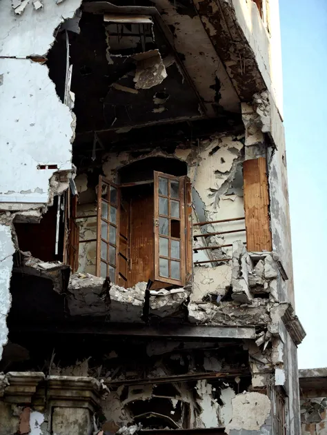 arafed building with a broken window and a broken door, building crumbling, crumbling buildings, crumbling, damaged buildings, building destroyed, damaged structures, collapsed building, destroyed buildings, broken buildings, crumbling ruins, big impact hi...