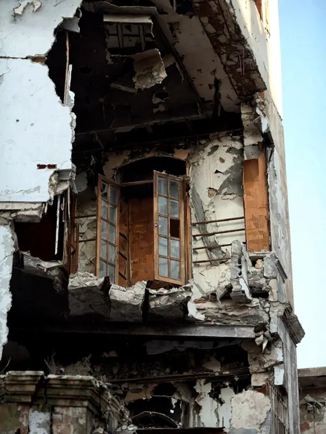 arafed building with a broken window and a broken door, building crumbling, crumbling buildings, crumbling, damaged buildings, building destroyed, damaged structures, collapsed building, destroyed buildings, broken buildings, crumbling ruins, big impact hi...