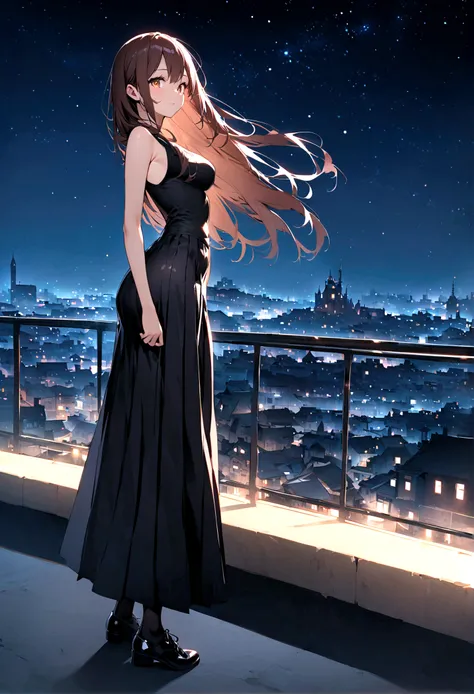 Very beautiful young woman with long hair、Woman with very long dark brown hair、Busty women、Nice views、Night view、View from the top of the hill、Full moon night sky、swirling starry sky、８K　Highest quality、Highest quality、Detailed eyes、Beautiful detailed face、...