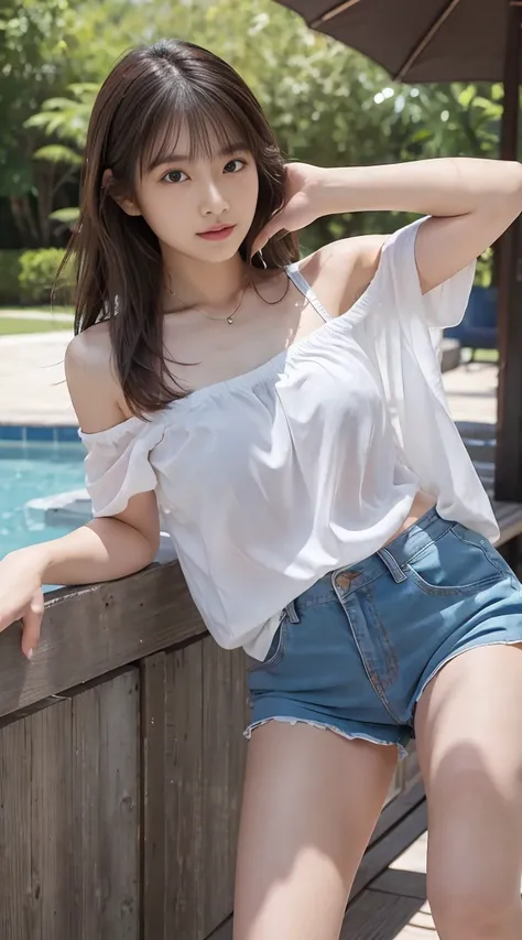 Highest quality　masterpiece　8K Ultra-detailed Face　Selfie　茶髪のBeauty　Highest quality　masterpiece　8K Ultra-detailed Face　Beauty　Shoulder-length hair　Thighs　Off the shoulder　Clothes with exposed shoulders　Summer clothes　Panty shots from the gap in shorts　Leg ...