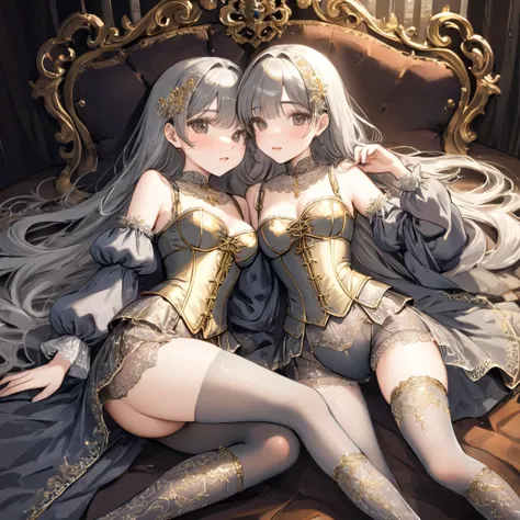 Girls in the Middle Ages、 Gold and silver embroidery、In underwear、Knee-length semi-transparent bloomers（With gold and silver lace）Wearing、Wearing a semi-transparent corset、 Grey translucent tights、Lying down