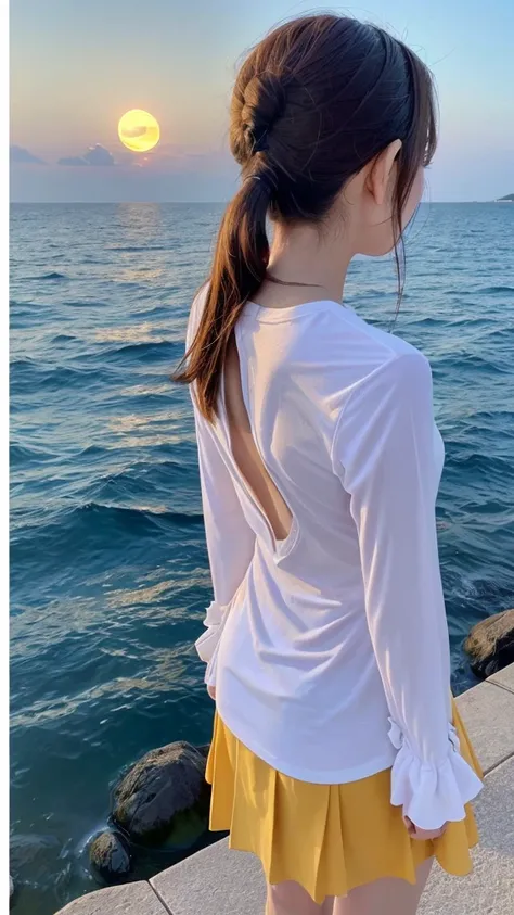 Sea of Japan、sunny、Quiet Sea、(Rear view of one woman:1.4)、T-Shirts、Frilled Skirt、ponytail、Long sleeve、sunset、Crescent Moon、