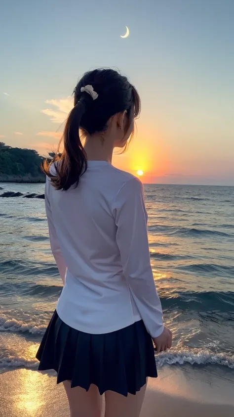 Sea of Japan、sunny、Quiet Sea、(Rear view of one woman:1.4)、T-Shirts、Frilled Skirt、ponytail、Long sleeve、sunset、Crescent Moon、