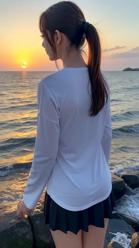 Sea of Japan、sunny、Quiet Sea、(Rear view of one woman:1.4)、T-Shirts、Frilled Skirt、ponytail、Long sleeve、sunset、Crescent Moon、