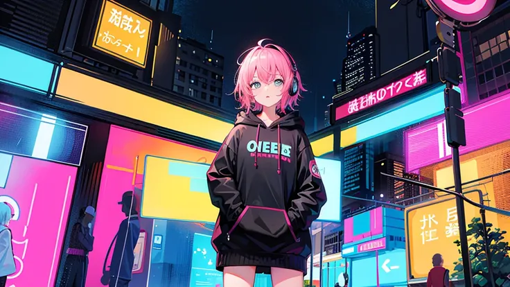 masterpiece, One Girl, alone, Unbelievably absurd, hoodie, Headphones, street, Outdoor, rain, neon,guitar