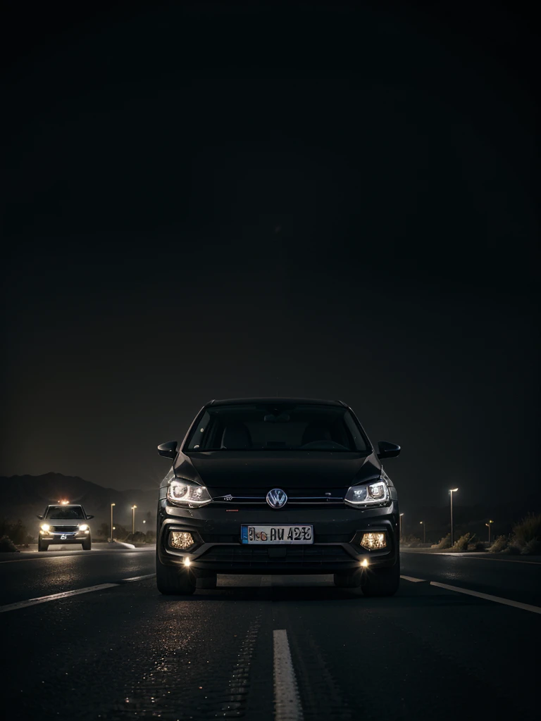 work of art, fantastic quality, a beautiful black VW Polo TSI, without plates, in the middle of a desert highway, shrouded in dust and fog, on a very dark and dense night, with huge sports wheels, a very dark appearance