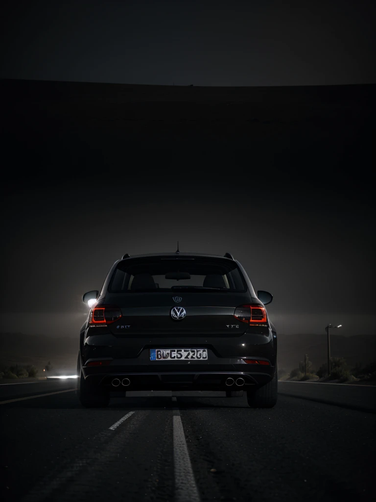 work of art, fantastic quality, a beautiful black VW Polo TSI, without plates, in the middle of a desert highway, shrouded in dust and fog, on a very dark and dense night, with huge sports wheels, a very dark appearance