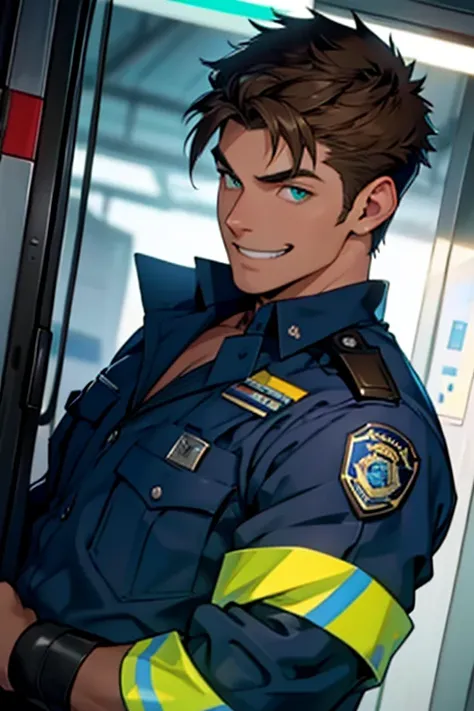 a handsome police officer, wearing blue, side view, stealing a glance, emerald eyes, short brown hair, happy expression, sexy po...