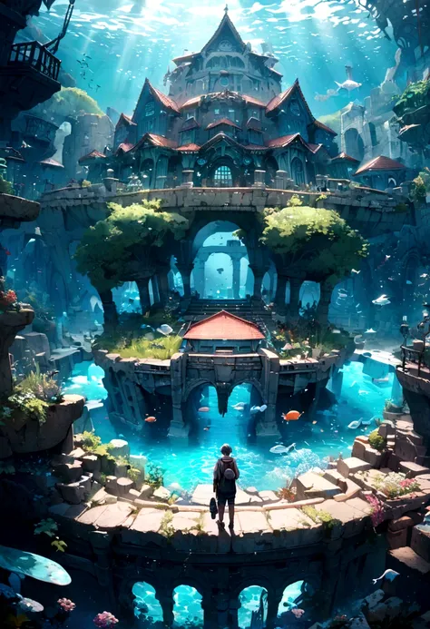 Underwater World Atlantis, deep sea, A magnificent reality, (High resolution: 1.4), Speckled sunlight, Cool colors, ancient ruins, A sea-style house with a sense of design, wonderful、can&#39;t believe it, A magnificent composition, (Intricate details), (In...