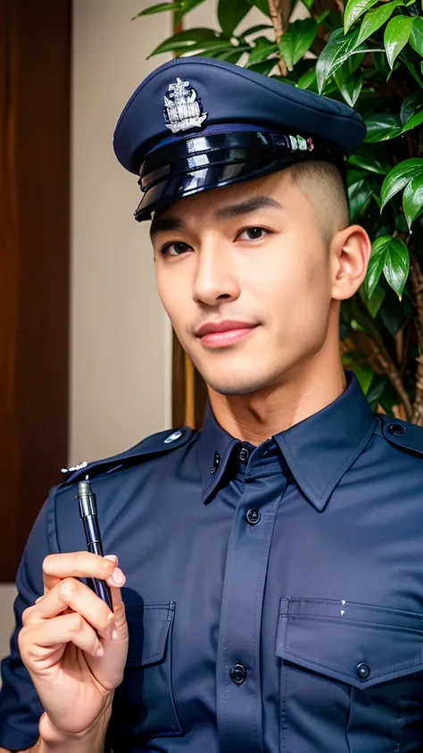 
(Create a masterpiece: 1.2),(CGI art:1.3),(realistic:1.5),(After processing:1.3),(Sharp focus:1.3),10,1 man, smile, (wearing a police shirt Navy blue, short sleeve),  Korean guy , korean men, (High gloss details), chest muscles, large arm muscles, blood v...