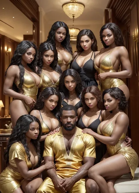 (best quality, 2k, masterpiece, qhd: 1.3, a handsome short haired african barbarian   man is surrounded by three women up agains...