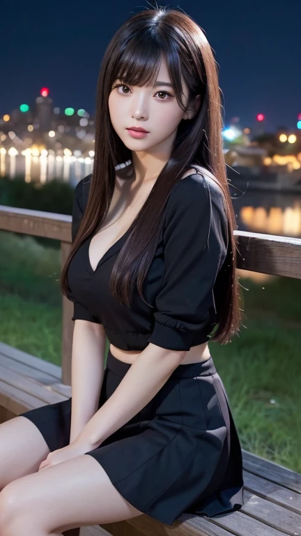 ((Highest quality)),((最high resolution)),((high resolution)),((detailed)),((High definition)),((8K)),((Perfect body)),((Perfect Face)),((Realistic)),((Real)),((Realistic)),((Beauty)),Korean、Stylish cityscape、Outdoor、City、Night view、Black Hair、((Tip 1/3 is ...