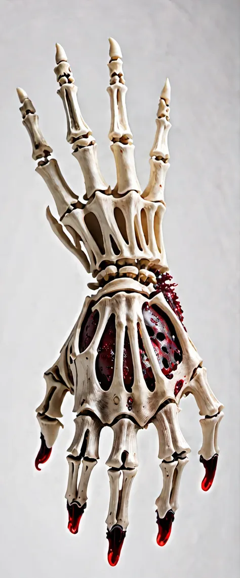 skeleton hand on white background , hand made of bone and teared flesh with blood on hand , closeup shot , ultra realistic , bac...