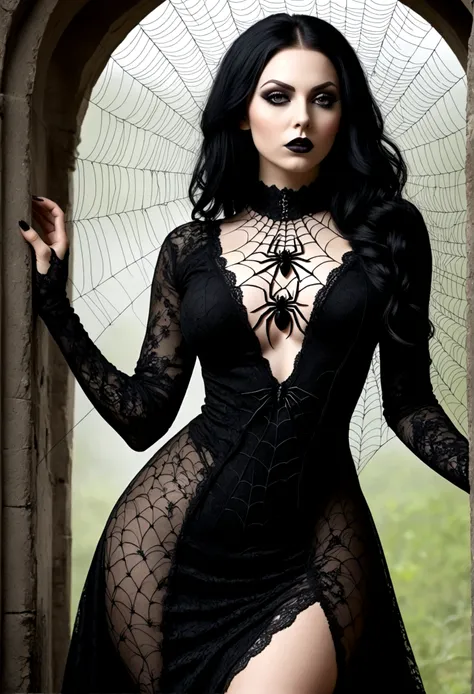 Create an image of the most stunningly gorgeous beautiful perfect sexy woman, stunningly beautiful face, large clevage, large  , perfect ass , full person view , long black tight edgGD lace goth dress, spider webs,