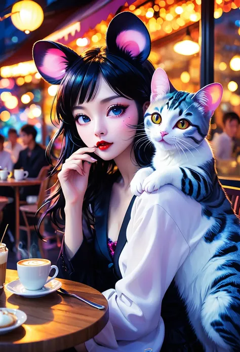 Mika Ninagawa style , Hallucination, daydream , nightmare , Insane Dream , bokeh , erotica , romance , realistic mouse girl and realistic cat man , realistic nose , cafe terrace