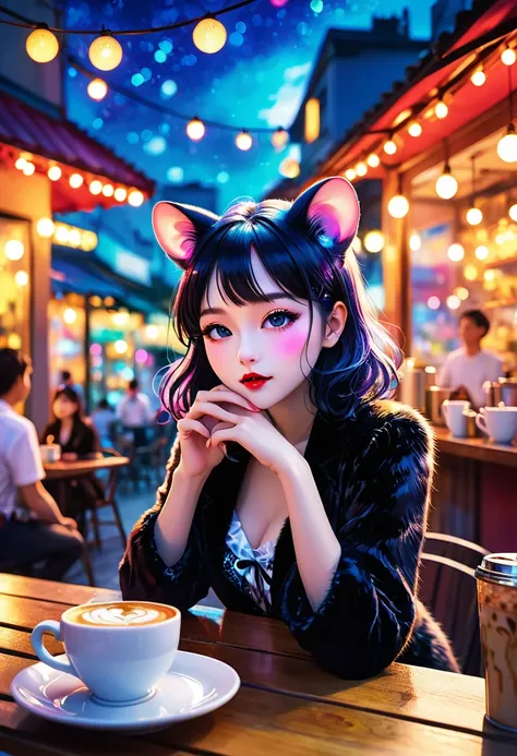 Mika Ninagawa style , Hallucination, daydream , nightmare , Insane Dream , bokeh , erotica , romance , realistic mouse girl and realistic cat man , realistic nose , cafe terrace