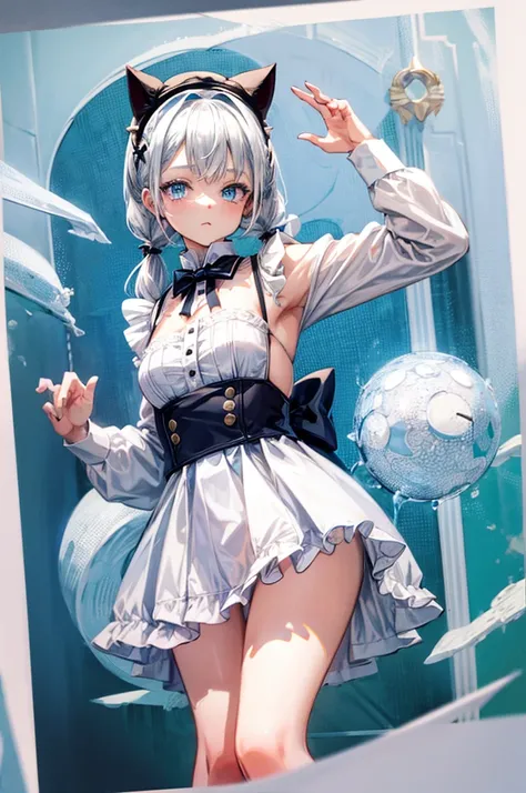 white-haired,down braided pigtails,blue eyes,odd eye,star dot,female,cute,girl,maid uniform,cat ears,hat