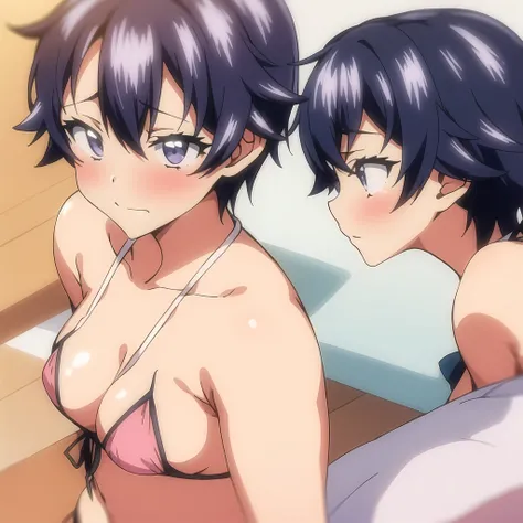 Makoto,4 k image,fundo de quarto,Mako-chan,Makoto wearing a transparent bikini with soft pink edges and small,standing,looking at the viewer nervously with a medium blush on her face,and 1 drop of sweat falling from your cheek,very detailed image!!!