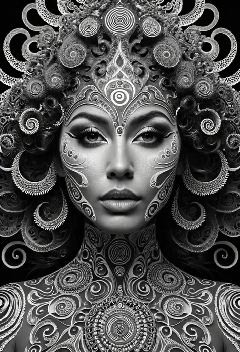 a black and white photo of a woman with many spirals on her face, digital art by Jon Coffelt, zbrush central contest winner, psychedelic art, extremely detailed goddess shot, fractal face, intricate face, thomas veyrat intricate, amazing detail digital art...