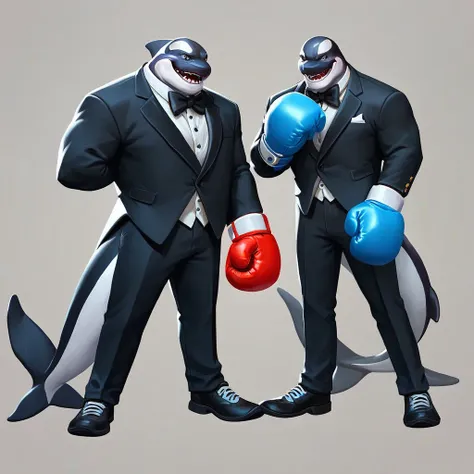 multiversus, full body, humanoid orca, blue colour, tuxedo, boxing gloves