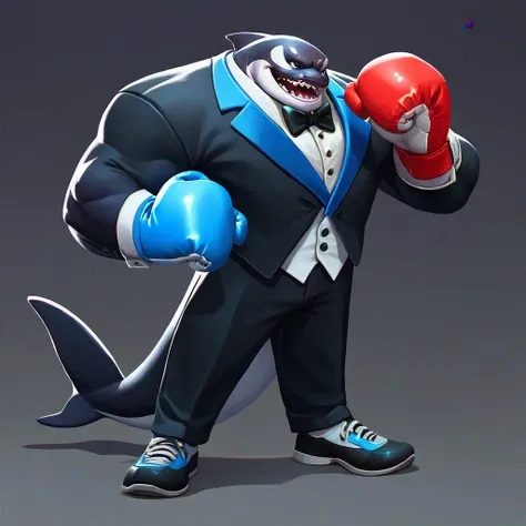 multiversus, full body, humanoid orca, blue colour, tuxedo, boxing gloves