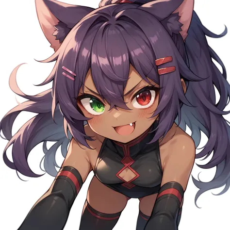 highres,1girl,animal ears,KEMOMIMI,bangs,brown hair,blush,heterochromia,red eye,green eye,red and green odd eyes,open mouth,fang,dark-skinned female,hair between eyes,hair ornament,hairclip,looking at viewer,smile,solo,v-shaped eyebrows,thighhighs,ponytail...