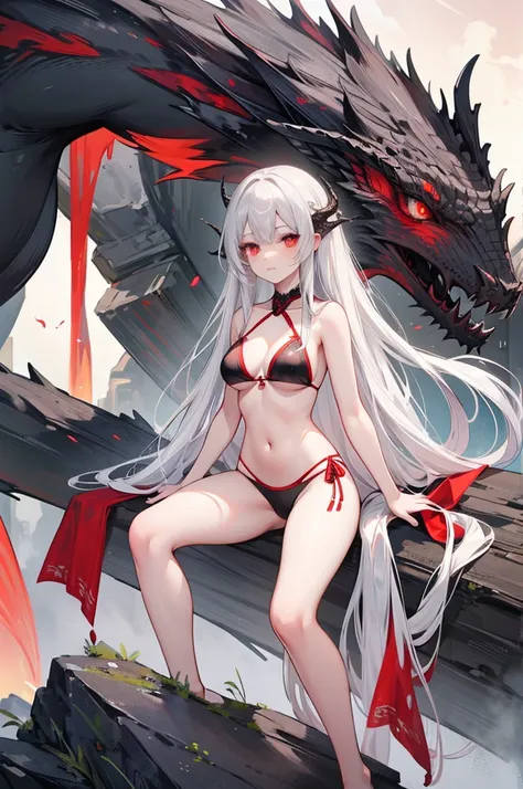 gray hair, red eyes, long hair, female , Ancient dragon-like dragon, D cup, bikini