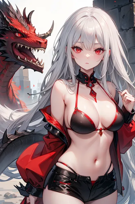 gray hair, red eyes, long hair, female , Ancient dragon-like dragon, D cup, bikini