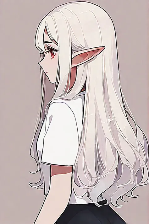 ((Лучшее качество)), ((шедевр)), (подробный), white long hair, red eyes, white T-shirt, black tight leggings, elf ears, rear view